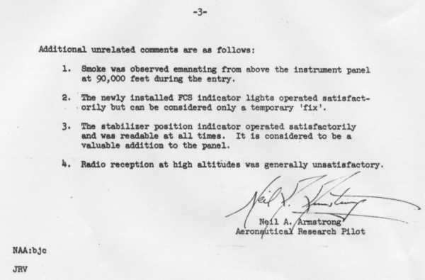 Photocopy of supplemental X-15 pilot report by Neil Armstrong